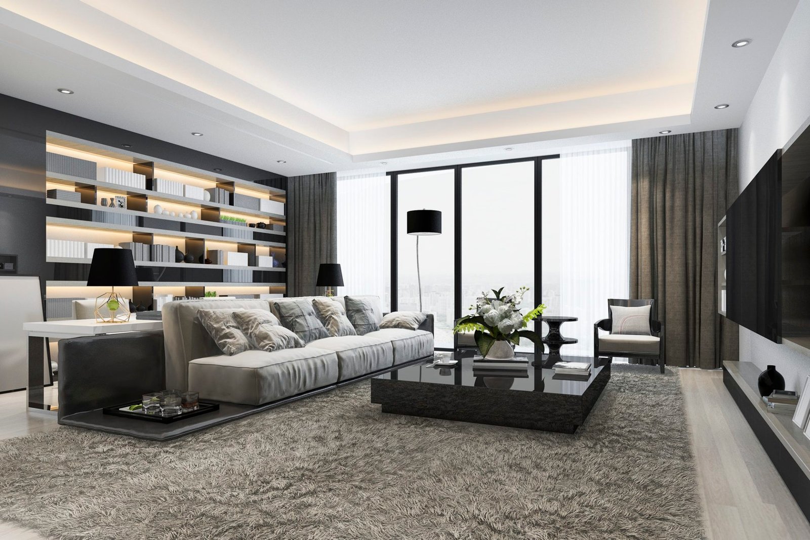 3d rendering loft luxury living room and working room with bookshelf 2 e1647338985611